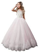 V-Neck Tulle Short Sleeves Ankle Length Ball Gown Bows Kids Pageant flower girl dresses-Dbrbridal