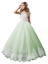 V-Neck Tulle Short Sleeves Ankle Length Ball Gown Bows Kids Pageant flower girl dresses-Dbrbridal