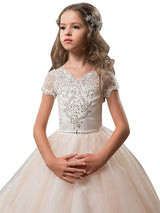 V-Neck Tulle Short Sleeves Ankle Length Ball Gown Bows Kids Pageant flower girl dresses-Dbrbridal