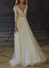 V-Neck Wedding Dresses Long Sleeves Lace Sparkle-Dbrbridal