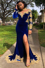 Velvet Long Sleevess Mermaid Front Split Gold Apliques Formal Dresses Royal Blue-Dbrbridal