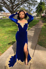 Velvet Long Sleevess Mermaid Front Split Gold Apliques Formal Dresses Royal Blue-Dbrbridal