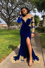 Velvet Long Sleevess Mermaid Front Split Gold Apliques Formal Dresses Royal Blue-Dbrbridal