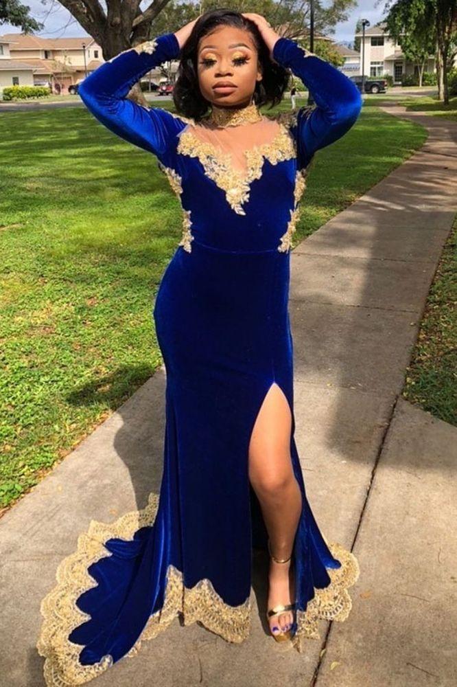 Velvet Long Sleevess Mermaid Front Split Gold Apliques Formal Dresses Dbrbridal Velvet Long Sleevess Mermaid Front Split Gold Apliques Formal Dresses Dbrbridal