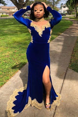 Velvet Long Sleevess Mermaid Front Split Gold Apliques Formal Dresses Royal Blue-Dbrbridal