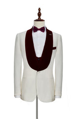 Velvet Shawl Collar White Wedding Tuxedos Three Piece Wedding Suits with Burgundy Vest-Dbrbridal
