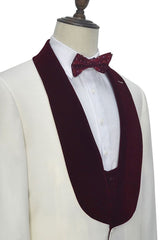 Velvet Shawl Collar White Wedding Tuxedos Three Piece Wedding Suits with Burgundy Vest-Dbrbridal
