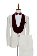 Velvet Shawl Collar White Wedding Tuxedos Three Piece Wedding Suits with Burgundy Vest-Dbrbridal