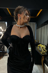 Velvet Split Sweetheart Mermaid Prom Dresses with Long Black Sleeves-Dbrbridal