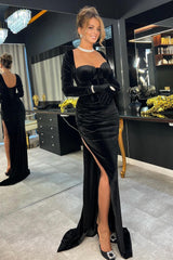 Velvet Split Sweetheart Mermaid Prom Dresses with Long Black Sleeves-Dbrbridal