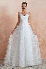 Wedding Dress A-line Chic V-Neck Sleeveless Long Bridal Gowns With Train-Dbrbridal