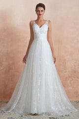 Wedding Dress A-line Chic V-Neck Sleeveless Long Bridal Gowns With Train-Dbrbridal