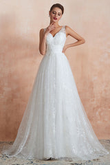 Wedding Dress A-line Chic V-Neck Sleeveless Long Bridal Gowns With Train-Dbrbridal