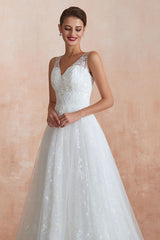 Wedding Dress A-line Chic V-Neck Sleeveless Long Bridal Gowns With Train-Dbrbridal