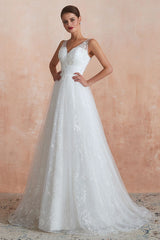 Wedding Dress A-line Chic V-Neck Sleeveless Long Bridal Gowns With Train-Dbrbridal