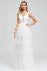 Wedding Dress A-line Chic V-Neck Sleeveless Multilayer Tulle Cake Dress Bridal Gown-Dbrbridal