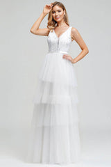 Wedding Dress A-line Chic V-Neck Sleeveless Multilayer Tulle Cake Dress Bridal Gown-Dbrbridal