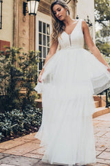 Wedding Dress A-line Chic V-Neck Sleeveless Multilayer Tulle Cake Dress Bridal Gown-Dbrbridal
