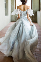Wedding Dress A-line Off The Shoulder Sleeveless Pleated Court Train Chiffon Boho Bridal Gowns-Dbrbridal