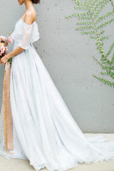 Wedding Dress A-line Off The Shoulder Sleeveless Pleated Court Train Chiffon Boho Bridal Gowns-Dbrbridal