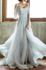 Wedding Dress A-line Off The Shoulder Sleeveless Pleated Court Train Chiffon Boho Bridal Gowns-Dbrbridal