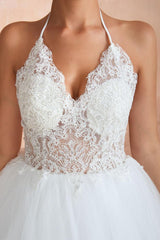 Wedding Dress Ball Gown Halter Sleeveless Long Lace Tulle Bridal Gowns With Train-Dbrbridal