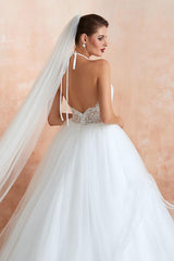 Wedding Dress Ball Gown Halter Sleeveless Long Lace Tulle Bridal Gowns With Train-Dbrbridal