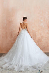 Wedding Dress Ball Gown Halter Sleeveless Long Lace Tulle Bridal Gowns With Train-Dbrbridal
