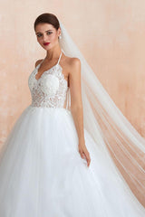 Wedding Dress Ball Gown Halter Sleeveless Long Lace Tulle Bridal Gowns With Train-Dbrbridal