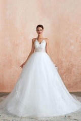 Wedding Dress Ball Gown Halter Sleeveless Long Lace Tulle Bridal Gowns With Train-Dbrbridal