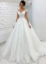 Wedding Dress Ball-Gown Tulle Lace Short Sleeves Sweep Train-Dbrbridal
