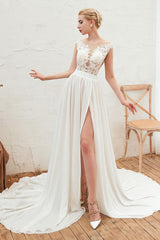 Wedding Dress Chic V-Neck Sleeveless A-line Split Chiffon Beach Bridal Gowns With Train-Dbrbridal