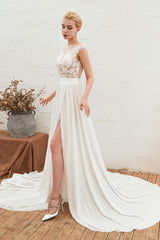 Wedding Dress Chic V-Neck Sleeveless A-line Split Chiffon Beach Bridal Gowns With Train-Dbrbridal