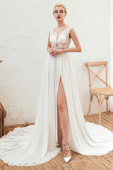 Wedding Dress Chic V-Neck Sleeveless A-line Split Chiffon Beach Bridal Gowns With Train-Dbrbridal