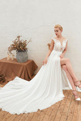 Wedding Dress Chic V-Neck Sleeveless A-line Split Chiffon Beach Bridal Gowns With Train-Dbrbridal