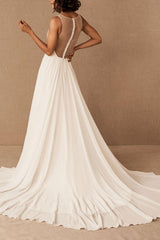 Wedding Dress Deep V-Neck Beaded Sash Chiffon Bridal Dress-Dbrbridal