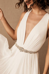 Wedding Dress Deep V-Neck Beaded Sash Chiffon Bridal Dress-Dbrbridal