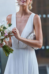 Wedding Dress Deep V-Neck Beaded Sash Chiffon Bridal Dress-Dbrbridal