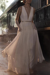 Wedding Dress Deep V-Neck Beaded Sash Chiffon Bridal Dress-Dbrbridal