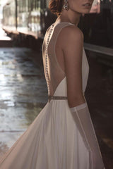 Wedding Dress Deep V-Neck Beaded Sash Chiffon Bridal Dress-Dbrbridal