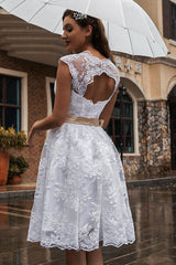 Wedding Dress Ecru White Knee Length A-line Sleeveless Lace Chic V-Neck Midi Bridal Gowns-Dbrbridal