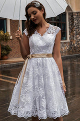 Wedding Dress Ecru White Knee Length A-line Sleeveless Lace Chic V-Neck Midi Bridal Gowns-Dbrbridal