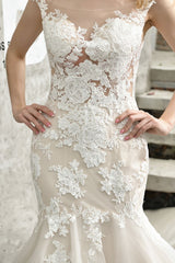 Wedding Dress Jewel Neck Sleeveless Lace Bridal Mermaid Dress With Train-Dbrbridal