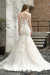 Wedding Dress Jewel Neck Sleeveless Lace Bridal Mermaid Dress With Train-Dbrbridal