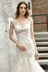 Wedding Dress Jewel Neck Sleeveless Lace Bridal Mermaid Dress With Train-Dbrbridal