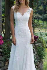 Wedding Dress Lace Chic V-Neck Sleeveless Column Long Bridal Gown With Court Train-Dbrbridal