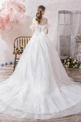 Wedding Dress Princess Silhouette Jewel Neck Short Sleeves Cathedral Train Bridal Gowns-Dbrbridal