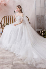 Wedding Dress Princess Silhouette Jewel Neck Short Sleeves Cathedral Train Bridal Gowns-Dbrbridal