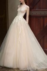 Wedding Dress Princess Silhouette Long Jewel Neck Sleeveless Lace Tulle Bridal Gowns-Dbrbridal