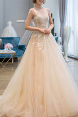 Wedding Dress Princess Silhouette Long Jewel Neck Sleeveless Lace Tulle Bridal Gowns-Dbrbridal